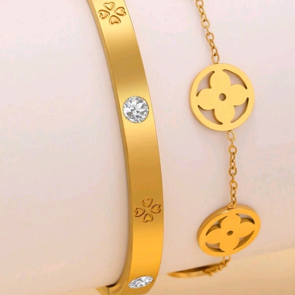 None Jewelry - 2 Elegant Gold Bracelet with One With Crystal Accents Plus A Necklace